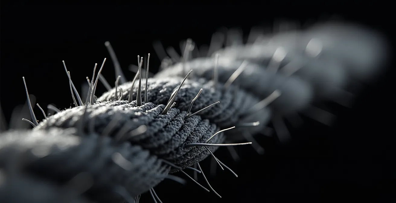 Détail microscopique d'une fibre capillaire montrant la structure moléculaire