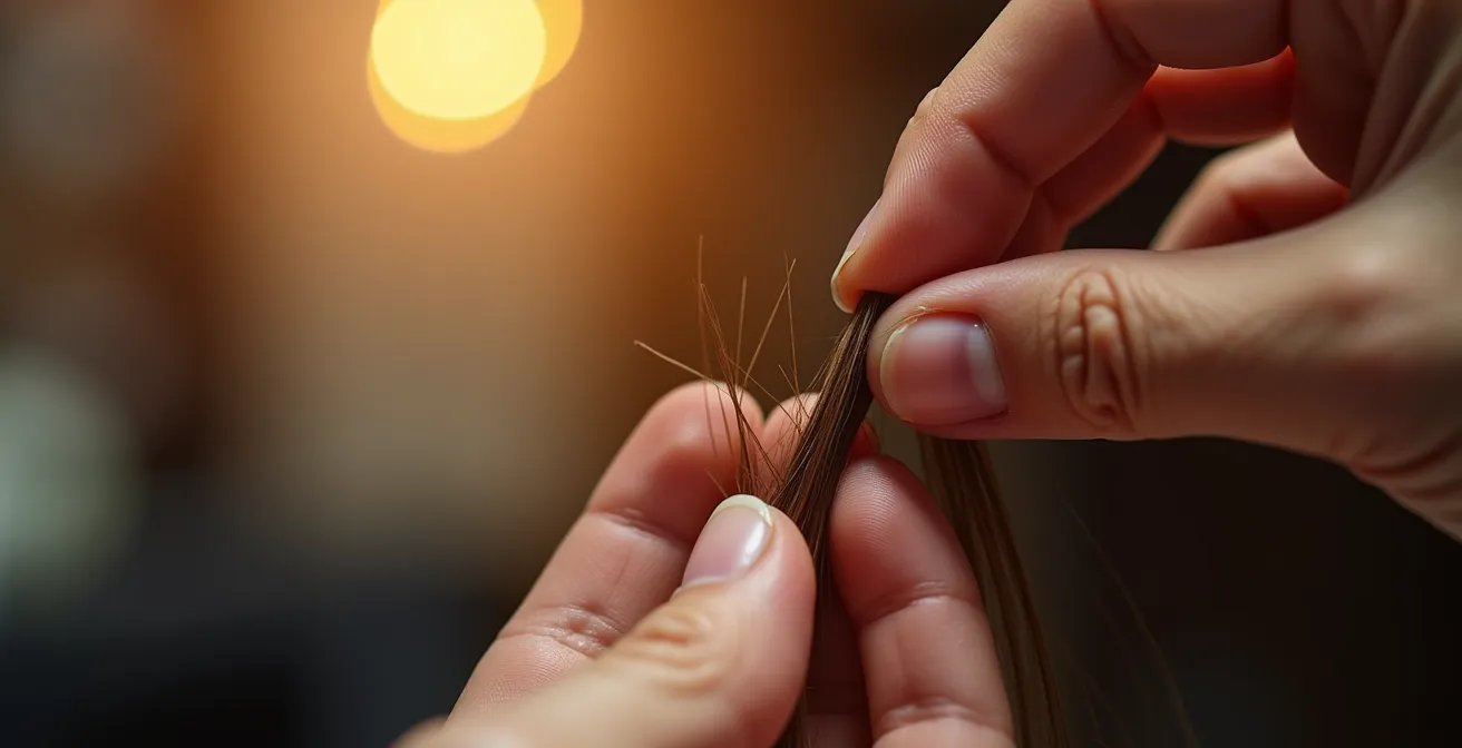 Vue macro de mains expertes palpant délicatement une mèche de cheveux