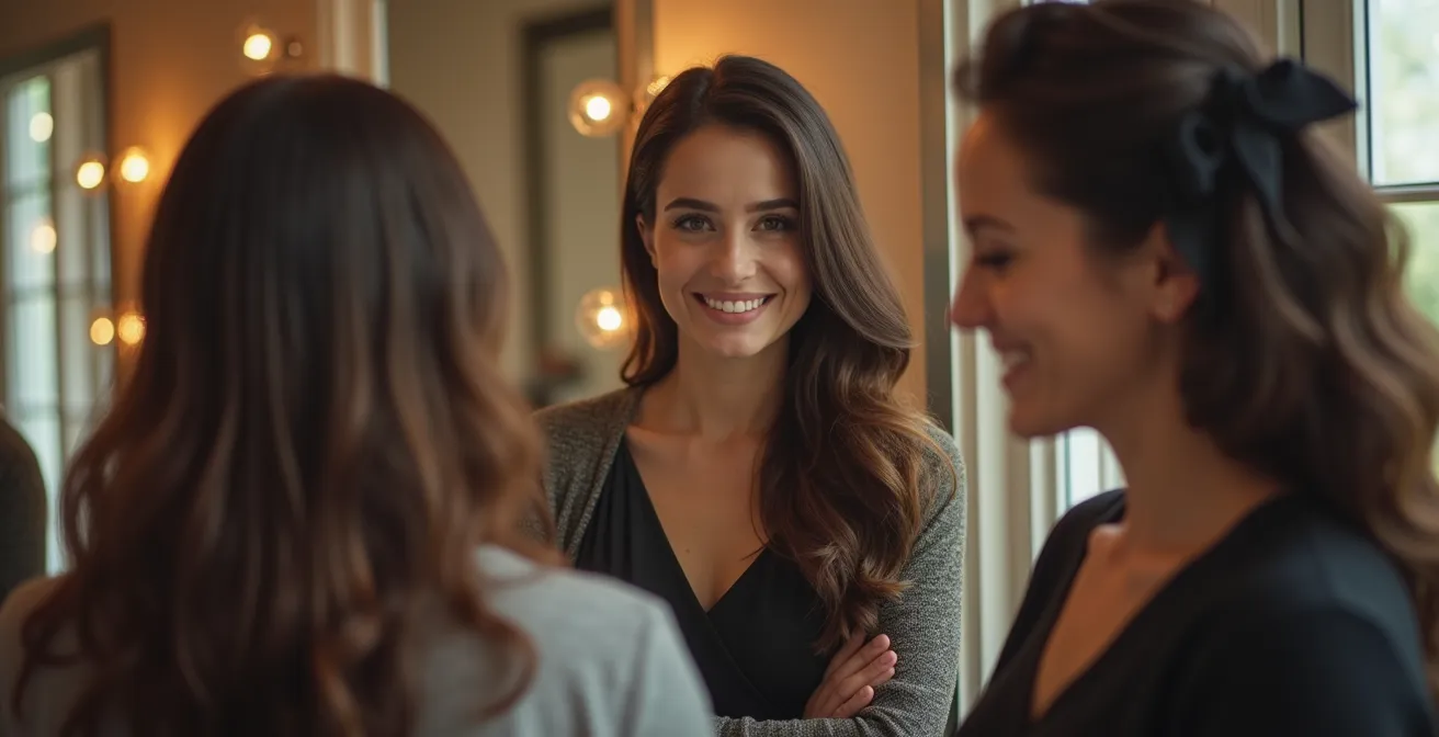 Cliente observant attentivement le travail du coiffeur dans le miroir du salon