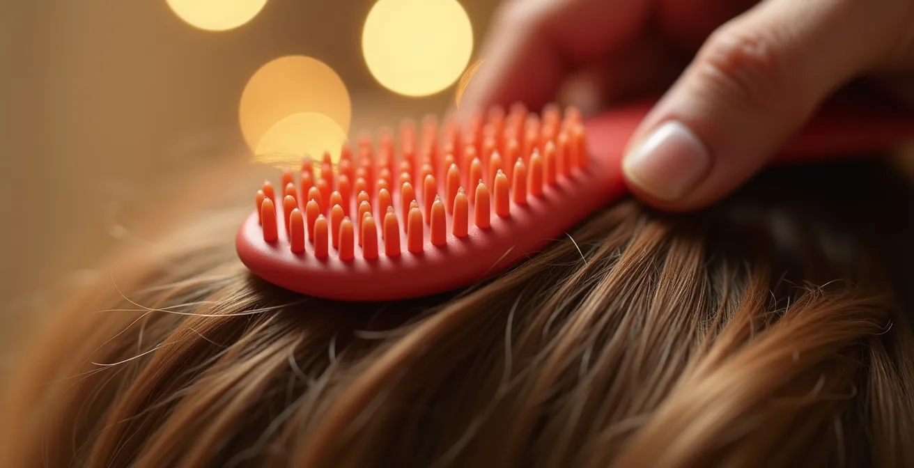 Gros plan sur un massage professionnel du cuir chevelu avec brosse spécialisée